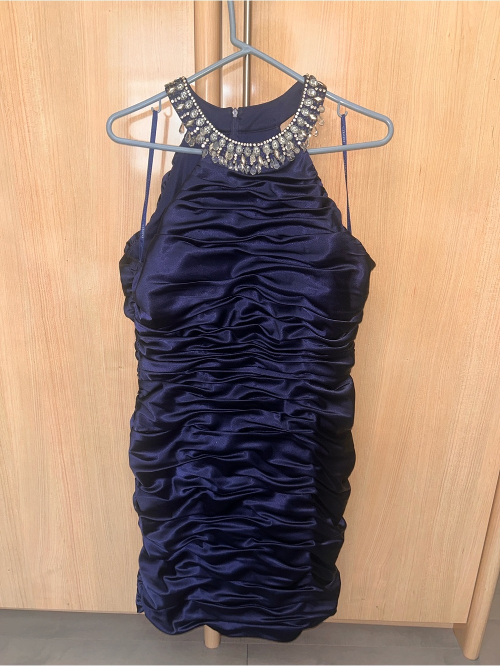 Cachet Navy Ruched Halter Dress with Beaded Collar